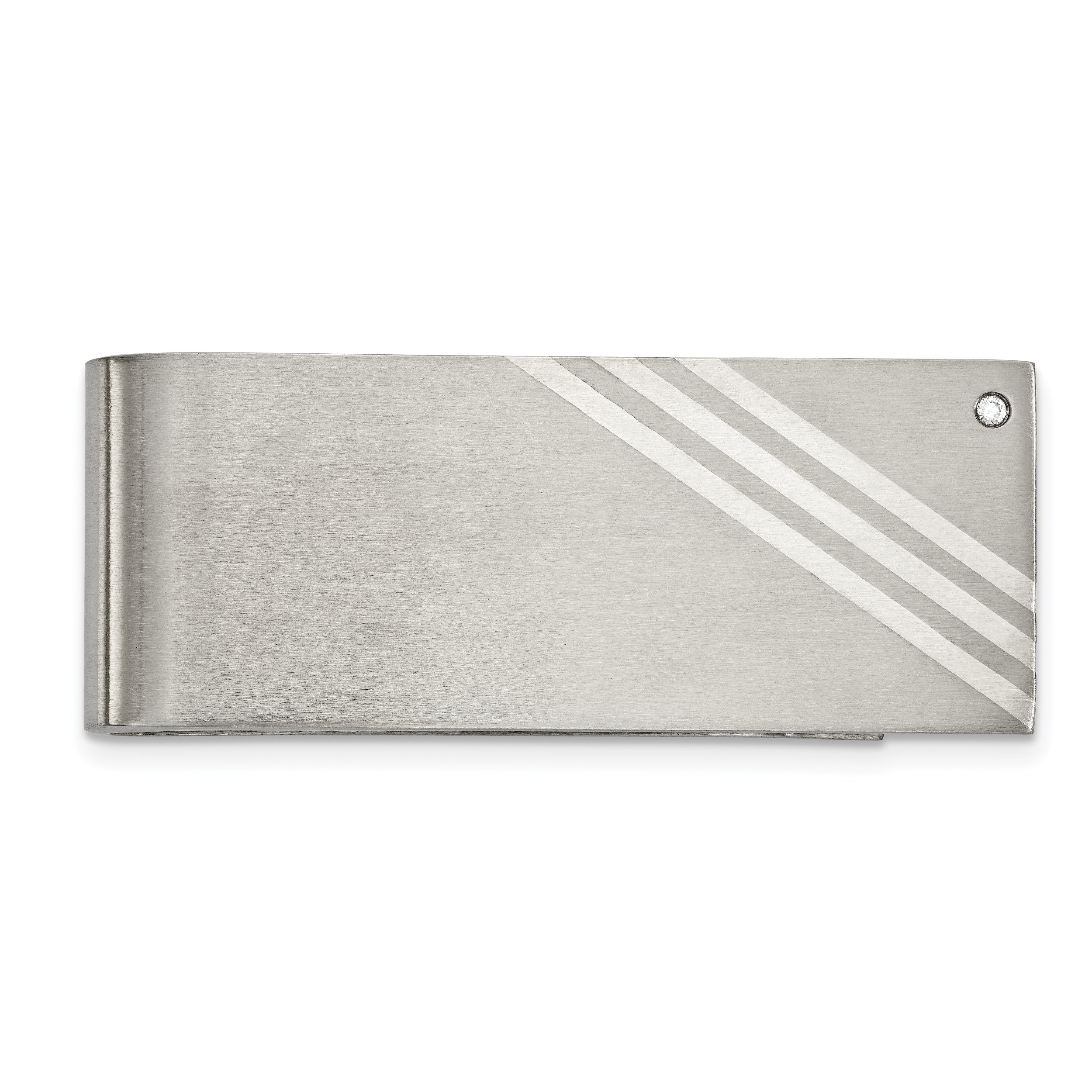 Chisel Stainless Steel Sterling Brushed with Silver Inlay CZ Money Clip