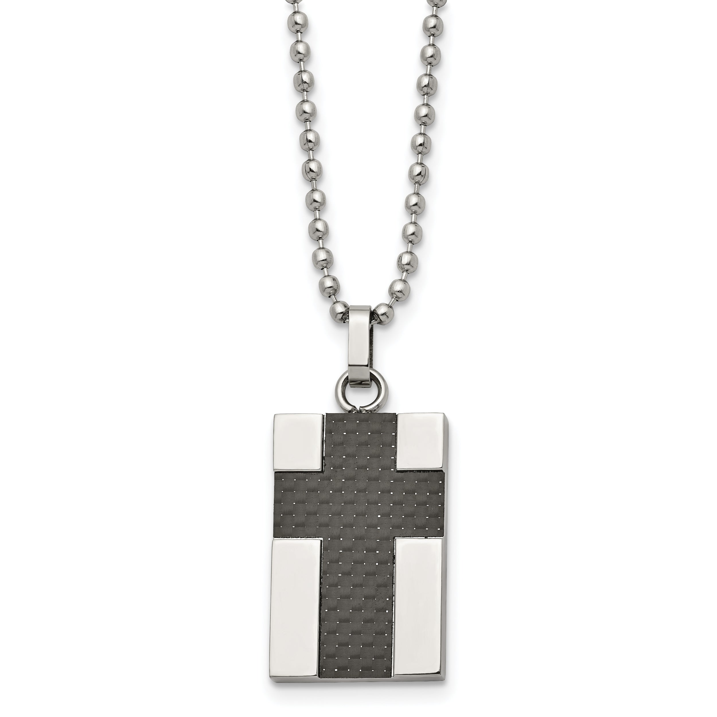 Chisel Stainless Steel Polished Carbon Fiber Inlay Cross Pendant on a 22 inch Ball Chain Necklace