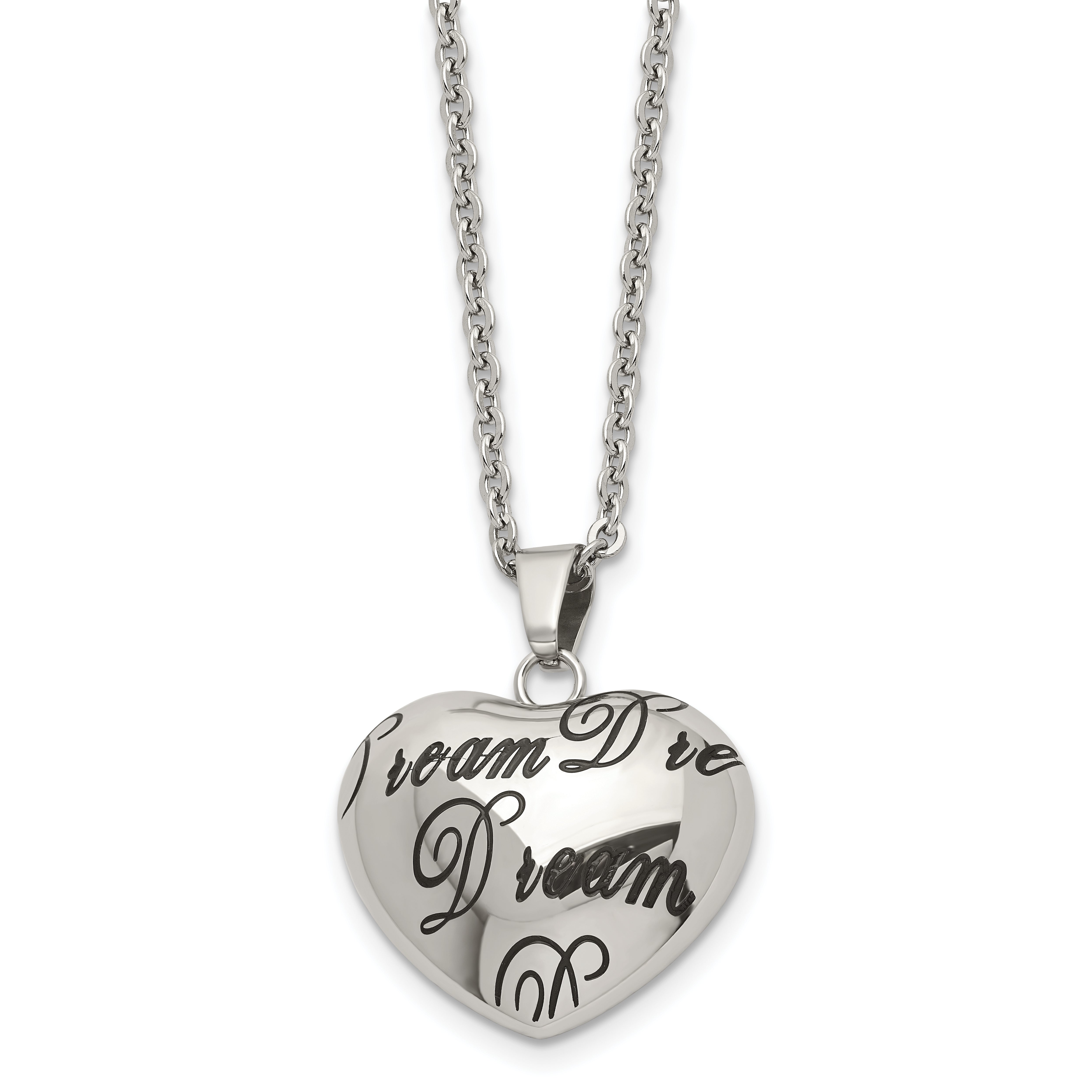 Stainless Steel Polished Enameled DREAM Hollow Heart 18in Necklace