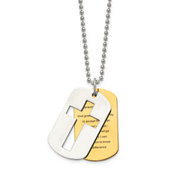 Chisel Stainless Steel Polished Yellow IP-plated 2 Piece Cross Serenity Prayer Dog Tag on a 22 inch Ball Chain Necklace