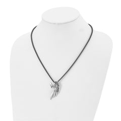 Chisel Stainless Steel Antiqued and Polished Wing Slide on a Black IP-plated 20 inch Box Chain Necklace