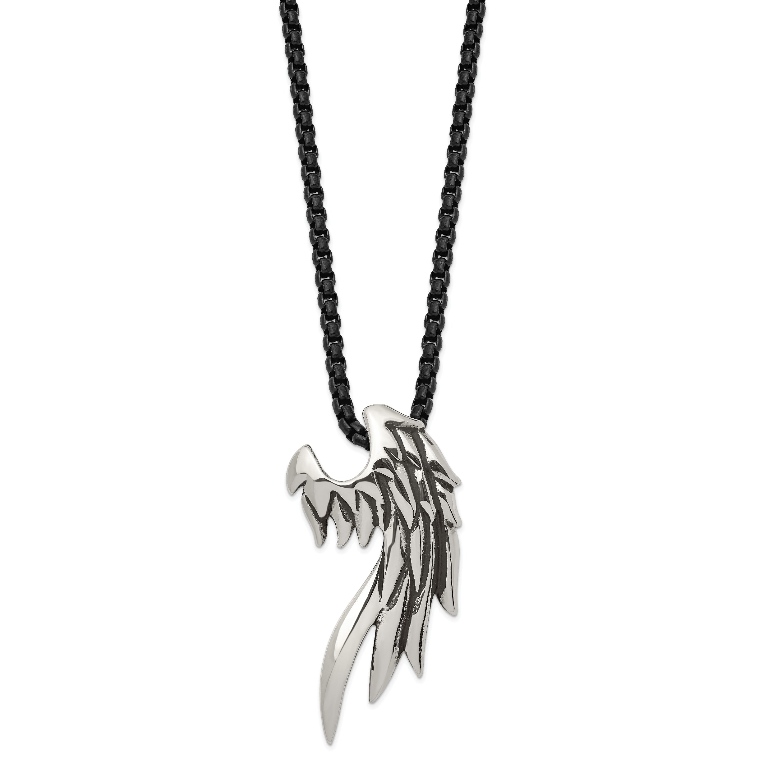 Chisel Stainless Steel Antiqued and Polished Wing Slide on a Black IP-plated 20 inch Box Chain Necklace