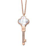 Chisel Stainless Steel Polished Rose IP-plated CZ and Mother of Pearl Key Pendant on a 16 inch Cable Chain with a 2 inch Extension Necklace