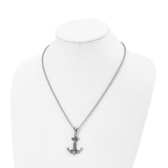 Chisel Stainless Steel Antiqued and Polished with CZ Anchor with Rope Pendant on a 20 inch Ball Chain Necklace