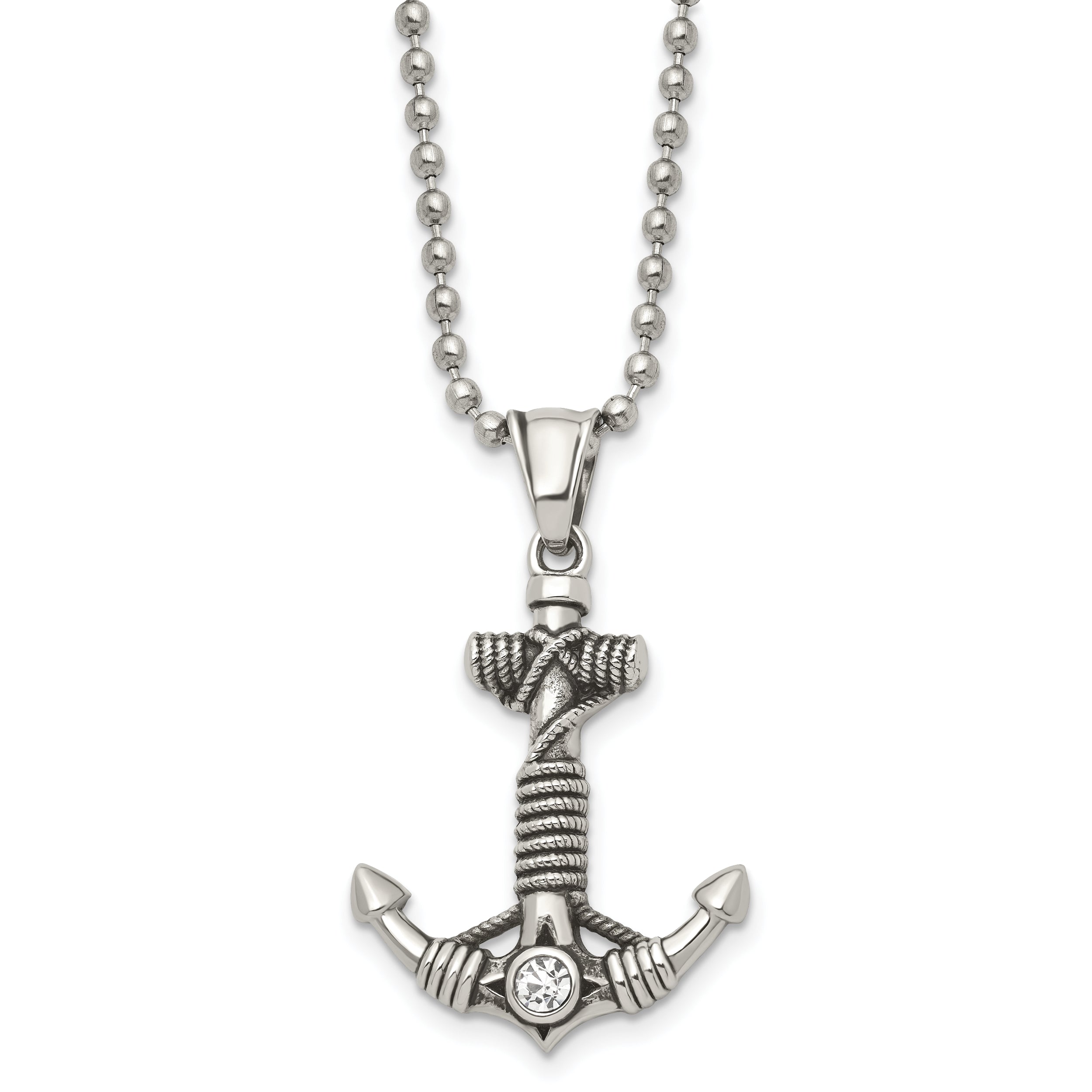Chisel Stainless Steel Antiqued and Polished with CZ Anchor with Rope Pendant on a 20 inch Ball Chain Necklace