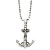 Chisel Stainless Steel Antiqued and Polished with CZ Anchor with Rope Pendant on a 20 inch Ball Chain Necklace
