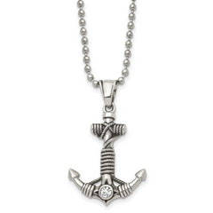 Chisel Stainless Steel Antiqued and Polished with CZ Anchor with Rope Pendant on a 20 inch Ball Chain Necklace