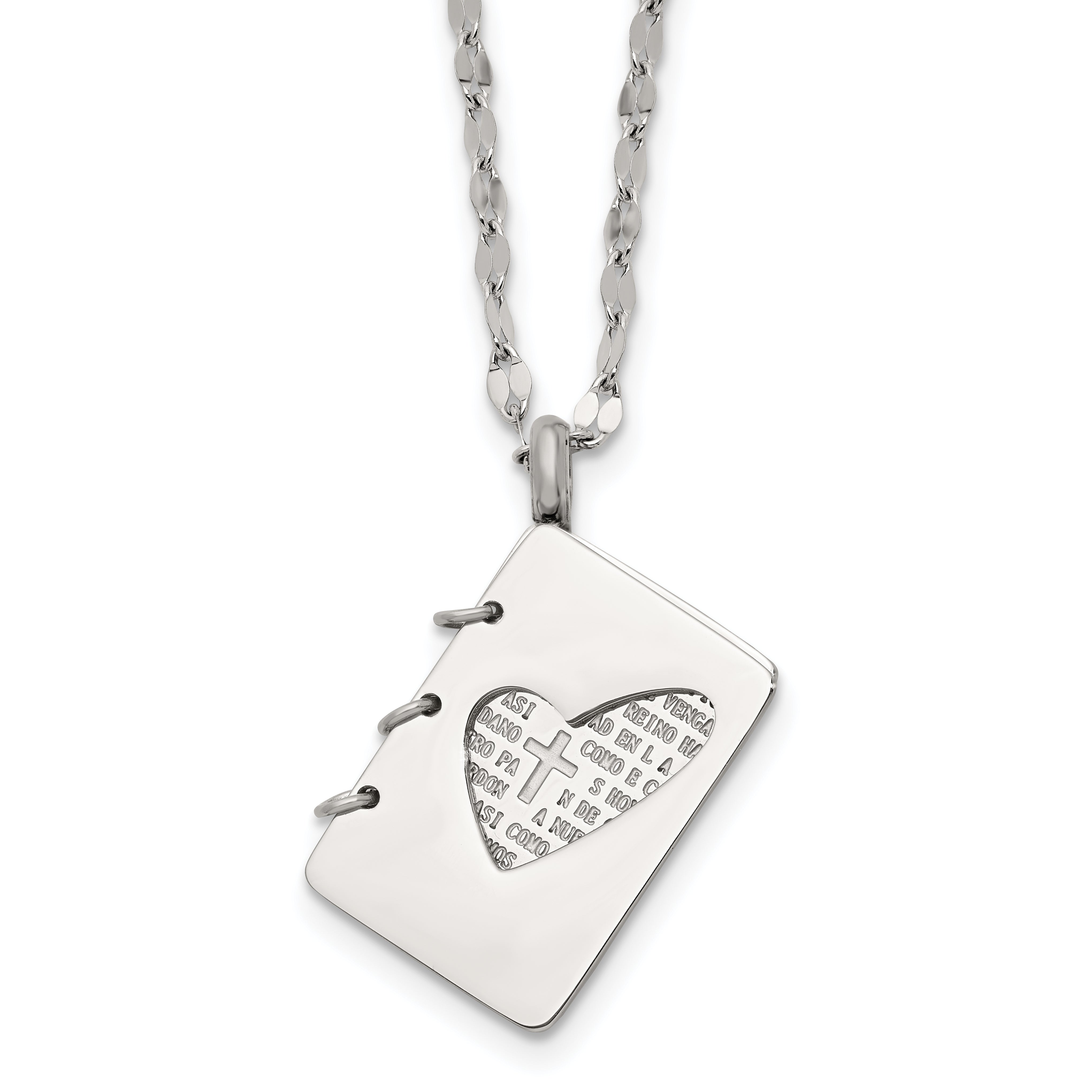 Chisel Stainless Steel Brushed and Polished Lord's Prayer in Spanish Notebook Pendant on a 17.5 inch Necklace