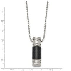 Chisel Stainless Steel Polished with Black Carbon Fiber Inlay Cylinder on a 22 inch Ball Chain Necklace