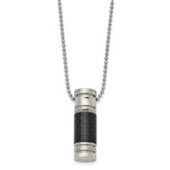 Chisel Stainless Steel Polished with Black Carbon Fiber Inlay Cylinder on a 22 inch Ball Chain Necklace