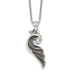 Stainless Steel Antiqued and Polished w/Crystal Wing 18in Necklace