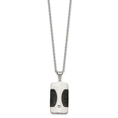 Stainless Steel Polished w/ CZ & Leather Reversible Inlay 22in Necklace