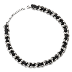 Stainless Steel Polished Black Leather Curb w/2in ext Choker Necklace