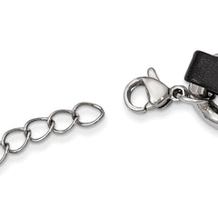 Stainless Steel Polished Black Leather Curb w/2in ext Choker Necklace