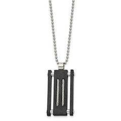 Stainless Steel Brushed & Polished Black IP w/Cable Rectangle Necklace