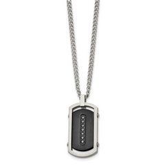 Chisel Stainless Steel Brushed and Polished Black IP-plated Center with Black CZ Dog Tag on a 22 inch Curb Chain Necklace