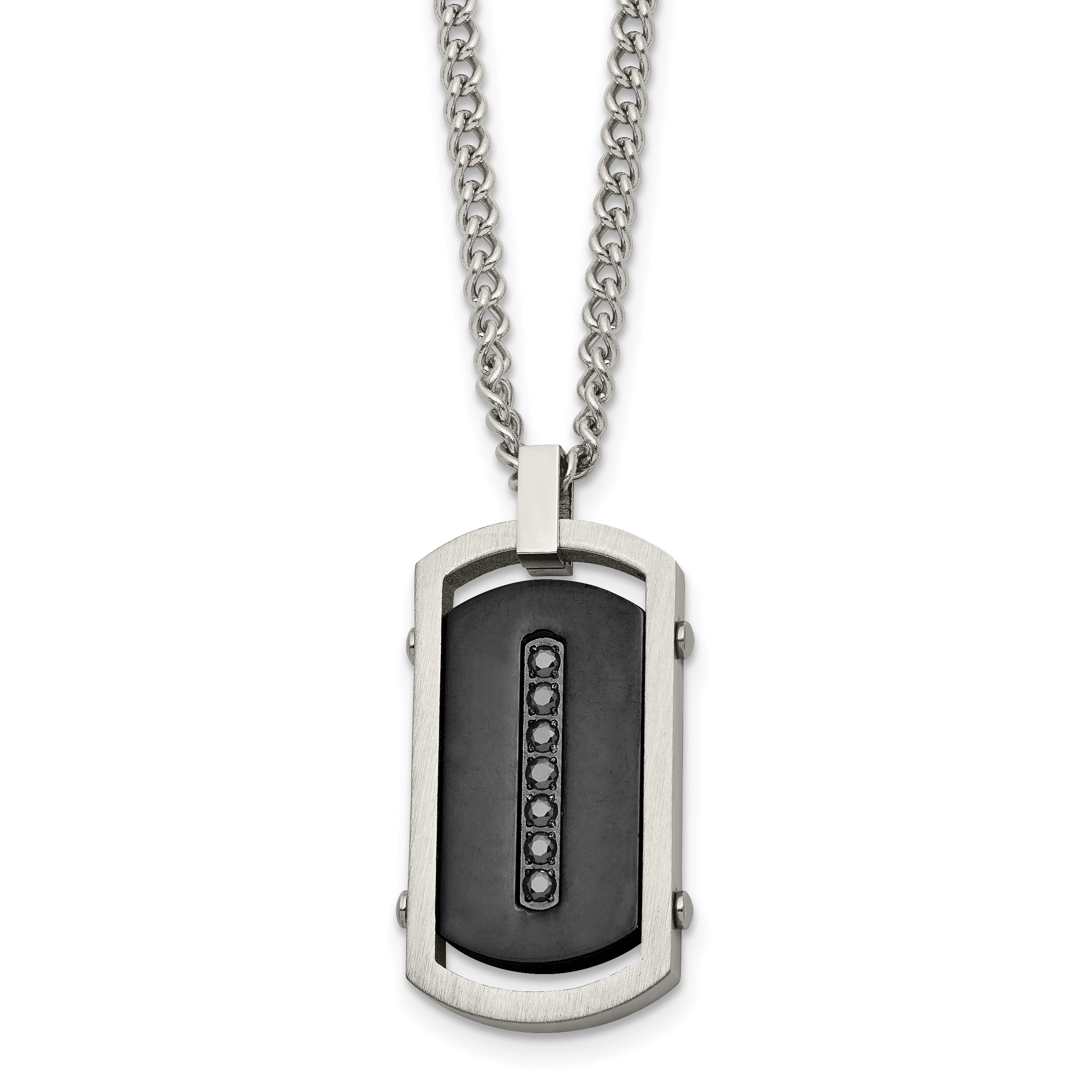 Chisel Stainless Steel Brushed and Polished Black IP-plated Center with Black CZ Dog Tag on a 22 inch Curb Chain Necklace