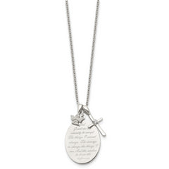 Chisel Stainless Steel Polished French Serenity Prayer with CZ Cross and Angel Pendants on an 18 inch Plus a 2 inch Extension Cable Chain Necklace