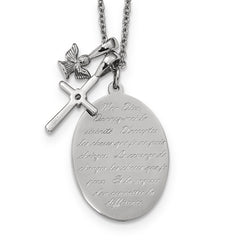 Chisel Stainless Steel Polished French Serenity Prayer with CZ Cross and Angel Pendants on an 18 inch Plus a 2 inch Extension Cable Chain Necklace
