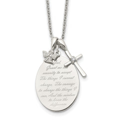 Chisel Stainless Steel Polished French Serenity Prayer with CZ Cross and Angel Pendants on an 18 inch Plus a 2 inch Extension Cable Chain Necklace