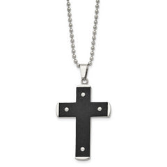 Stainless Steel Brushed and Polished Black IP-plated Cross 22in Necklace