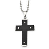 Stainless Steel Brushed and Polished Black IP-plated Cross 22in Necklace