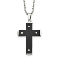 Stainless Steel Brushed and Polished Black IP-plated Cross 22in Necklace
