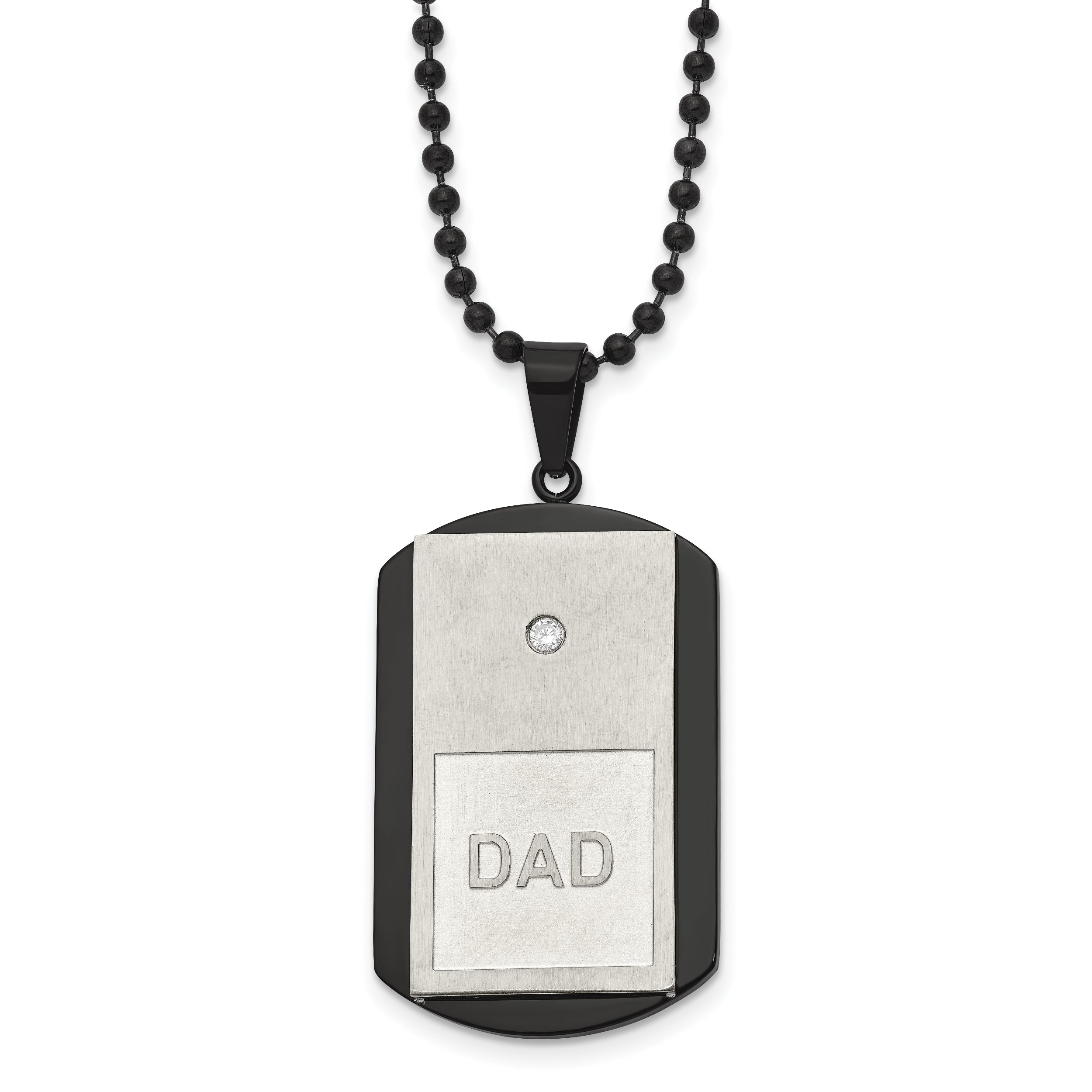 Chisel Stainless Steel Brushed and Polished Black IP-plated with CZ DAD Dog Tag on a 22 inch Ball Chain Necklace