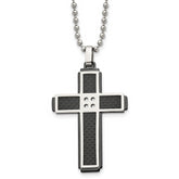 Stainless Steel Polished Black IP-plated Solid Carbon Fiber Cross Necklace