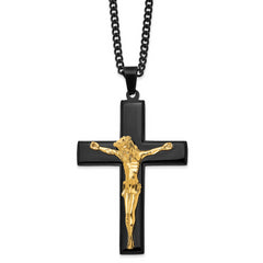 Chisel Stainless Steel Polished Black and Yellow IP-plated Crucifix Pendant on a 24 inch Curb Chain Necklace