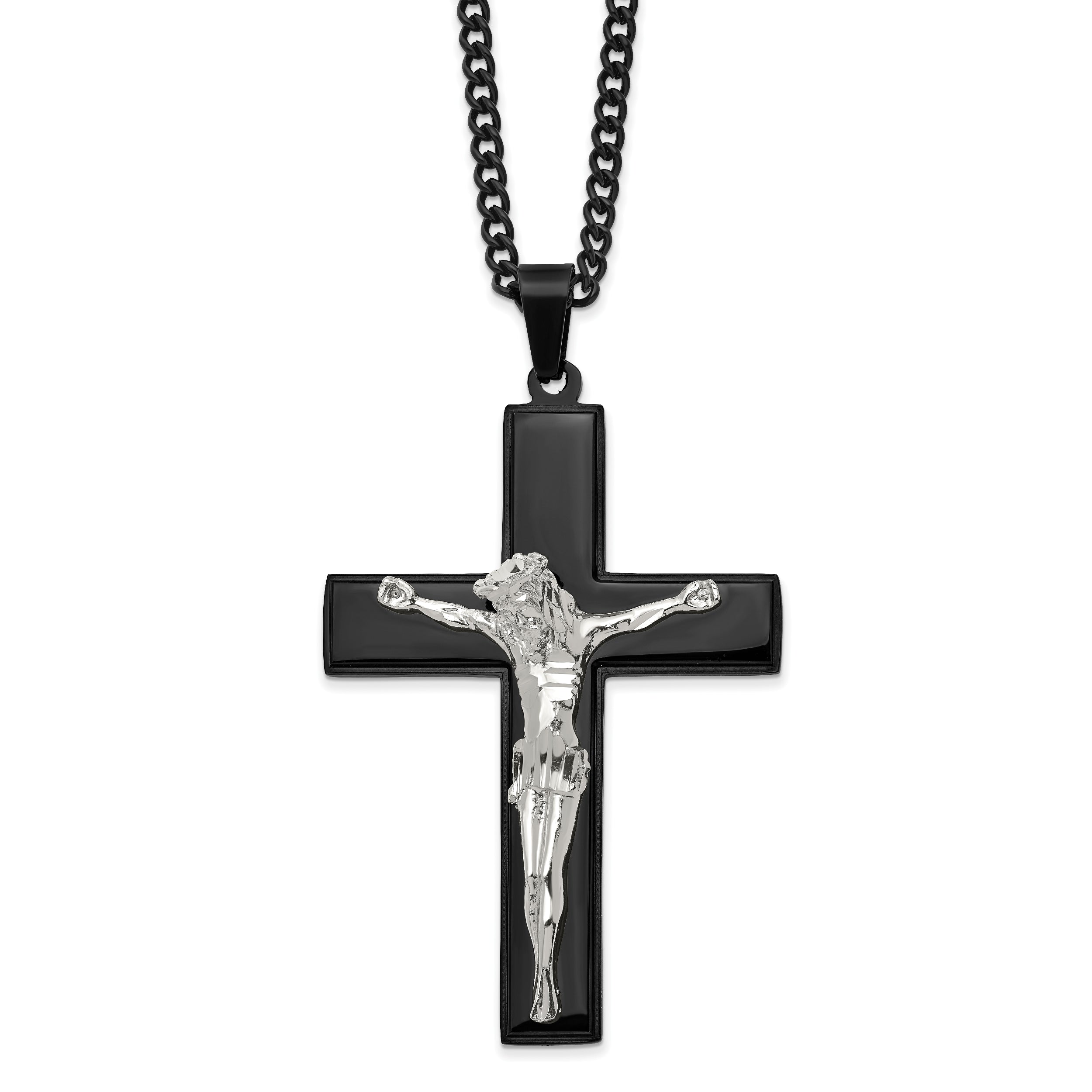 Chisel Stainless Steel Polished Black IP-plated Crucifix Pendant on a 24 inch Curb Chain Necklace
