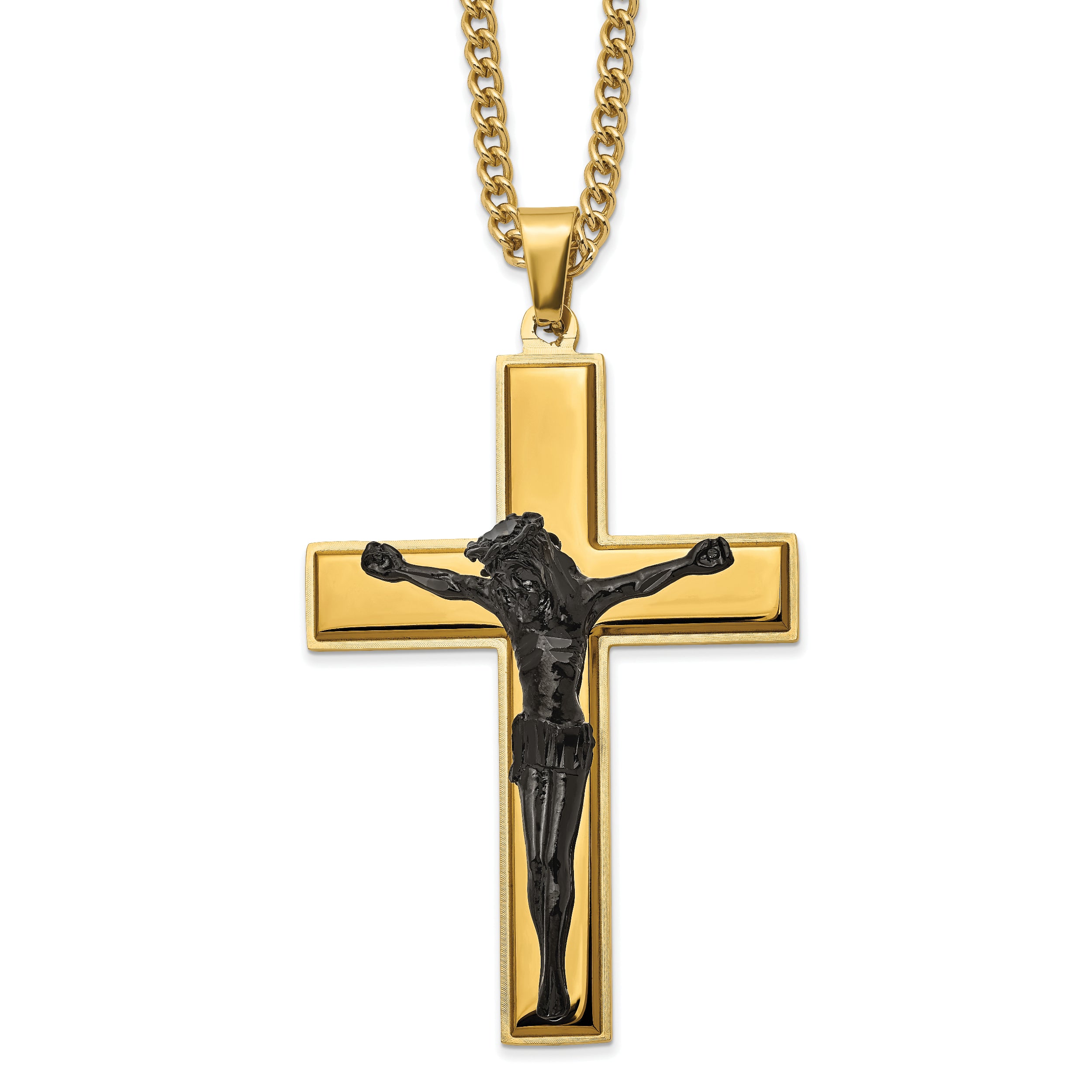 Chisel Stainless Steel Polished Black and Yellow IP-plated Crucifix Pendant on a 24 inch Curb Chain Necklace