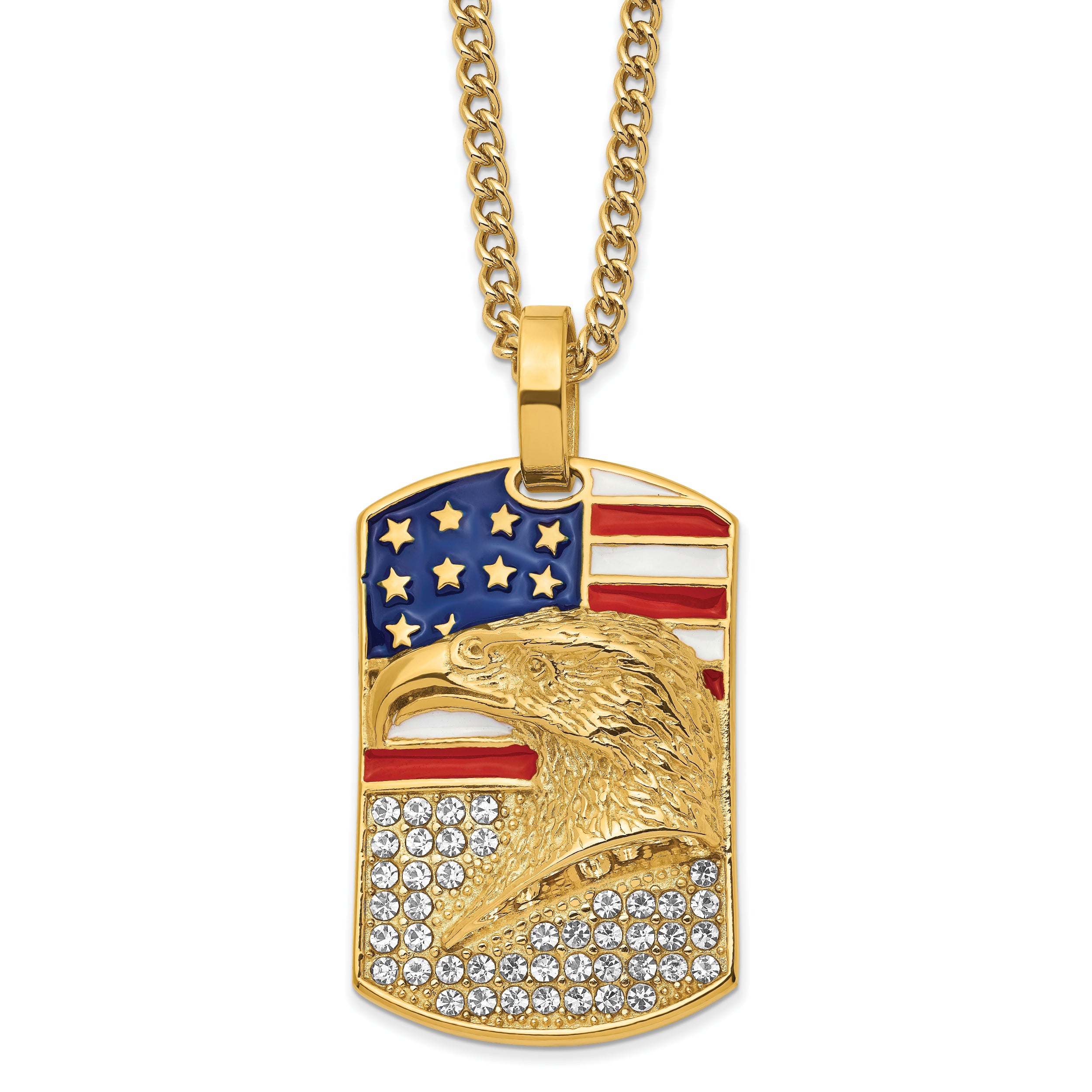 Chisel Stainless Steel Polished Yellow IP-plated Enameled Crystal Eagle and American Flag Dog Tag on a 24 inch Curb Chain Necklace