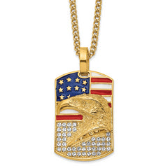 Chisel Stainless Steel Polished Yellow IP-plated Enameled Crystal Eagle and American Flag Dog Tag on a 24 inch Curb Chain Necklace
