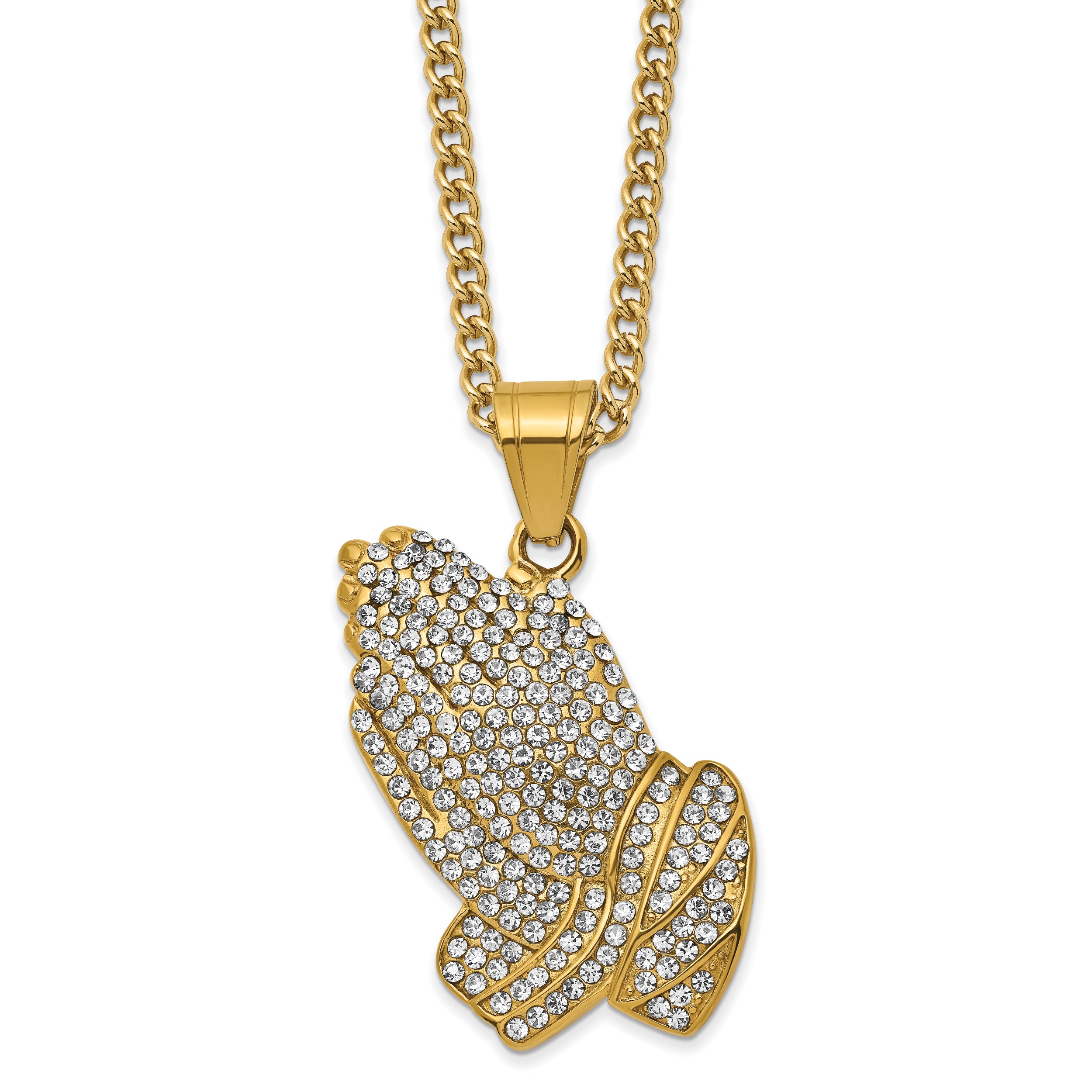 Chisel Stainless Steel Polished Yellow IP-plated with Crystal Praying Hands Pendant on a 24 inch Curb Chain Necklace