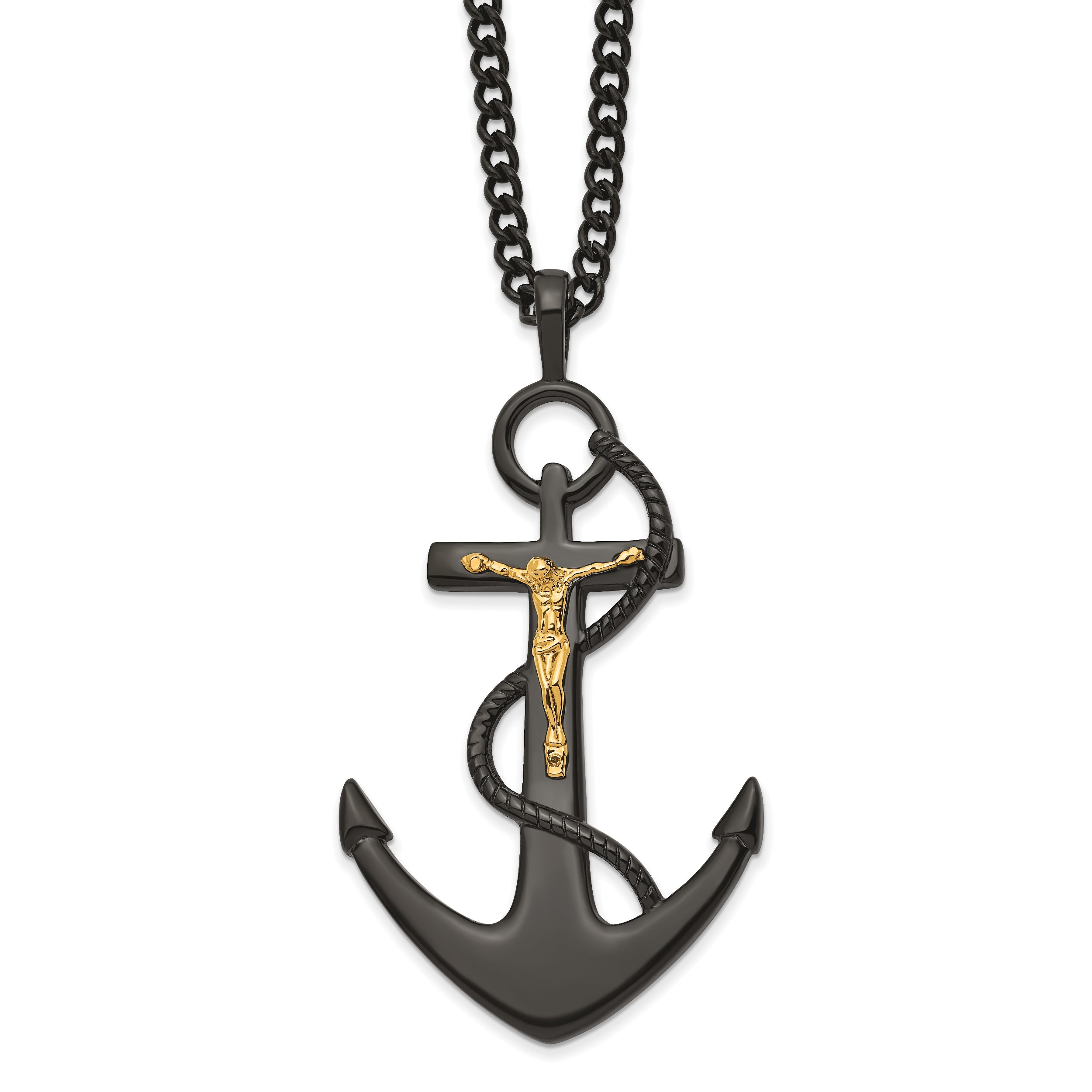 Chisel Stainless Steel Polished Black and Yellow IP-plated Crucifix Anchor Necklace