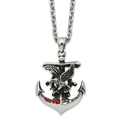 Chisel Stainless Steel Polished and Antiqued with Red Crystal Eagle on Anchor Pendant on a 24 inch Cable Chain Necklace