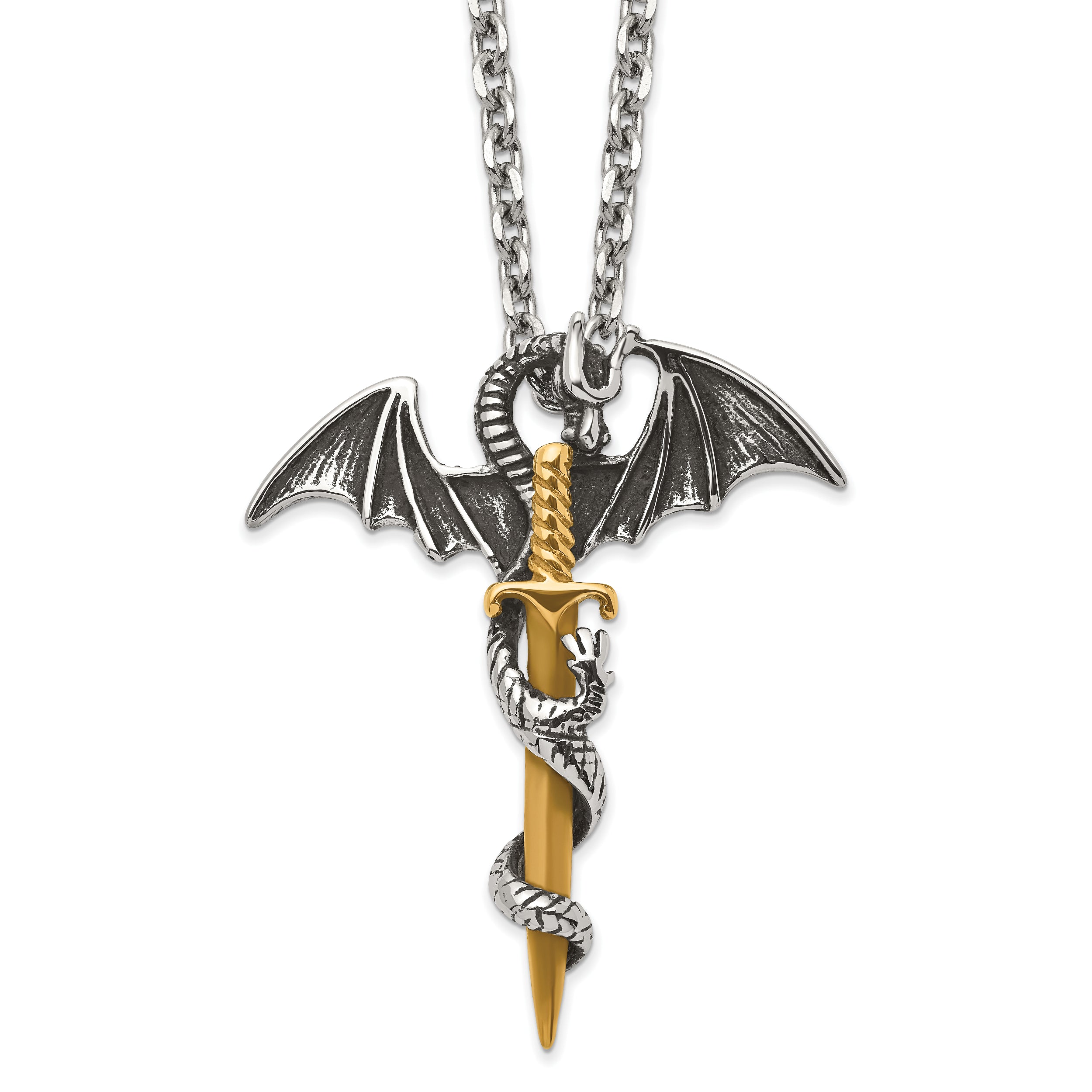 Chisel Stainless Steel Antiqued and Polished Yellow IP-plated Dragon on Sword on a 24 inch Cable Chain Necklace