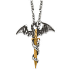 Chisel Stainless Steel Antiqued and Polished Yellow IP-plated Dragon on Sword on a 24 inch Cable Chain Necklace