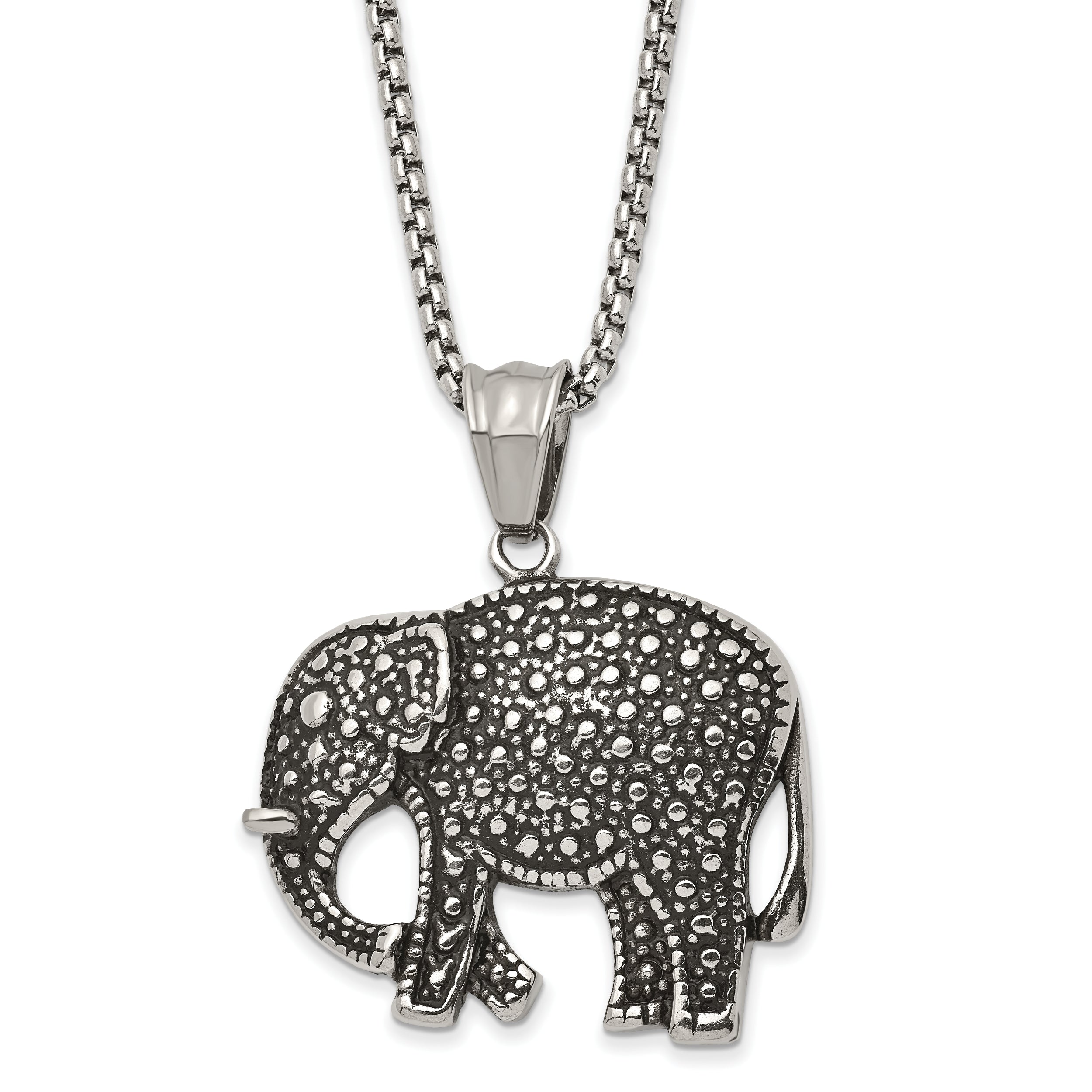 Chisel Stainless Steel Antiqued Polished and Textured Elephant Pendant on a 24 inch Box Chain Necklace