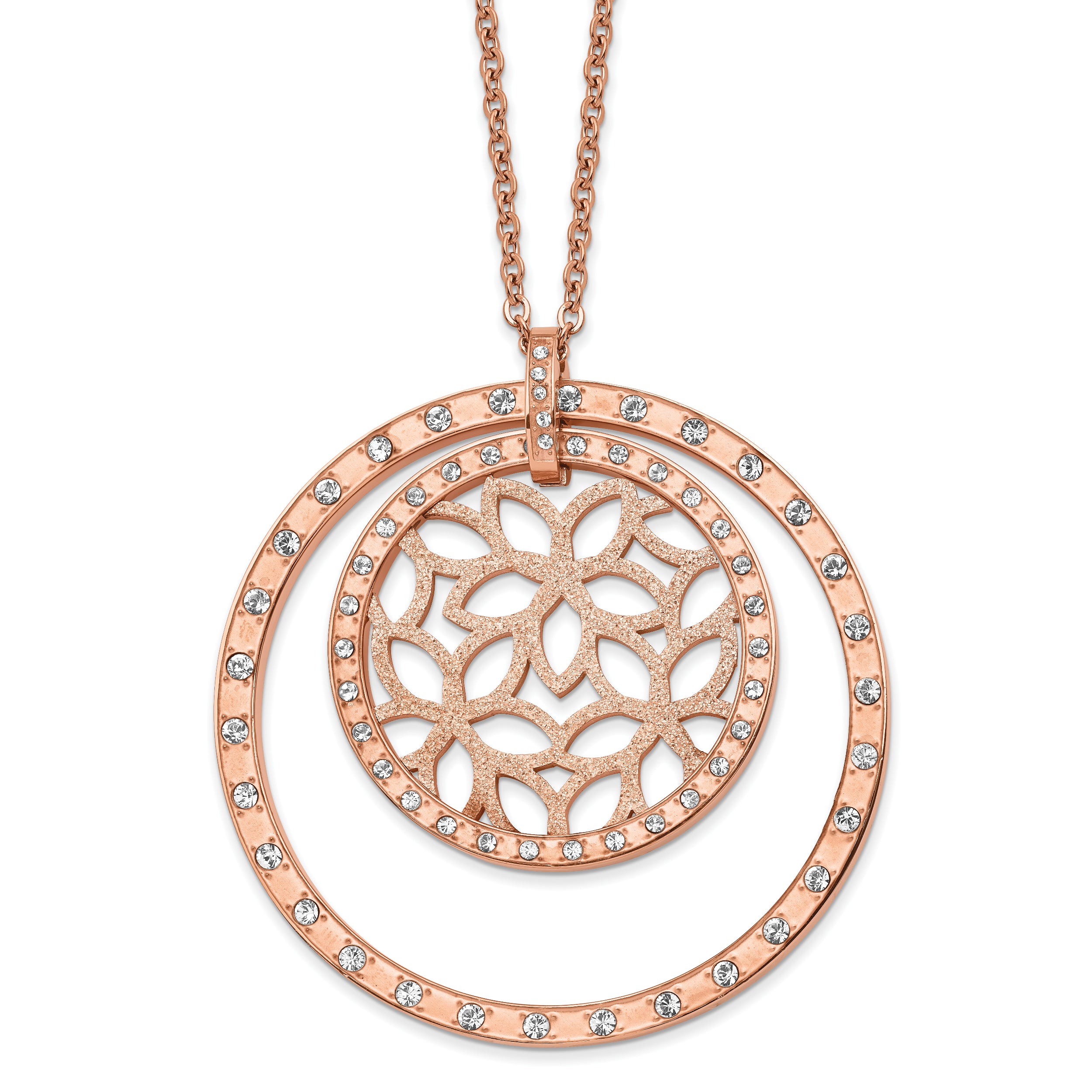 Chisel Stainless Steel Rose IP-plated Crystal Flowers and Circles Pendant on a 30.5 inch Cable Chain with 1 inch Extension Necklace