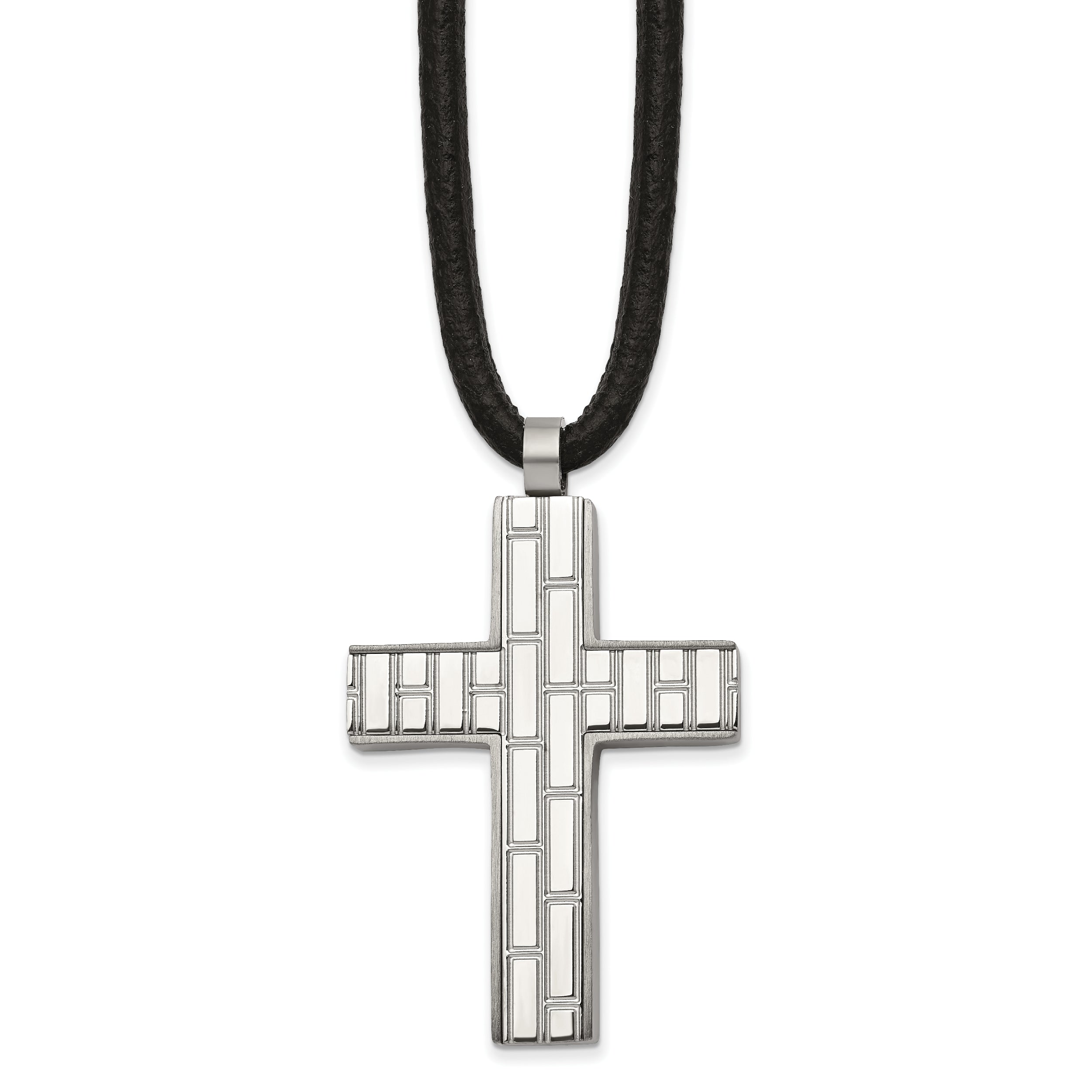 Chisel Stainless Steel Brushed and Polished Brick Design Cross on a Pendant 19.5 inch Black Rubber Cord Necklace