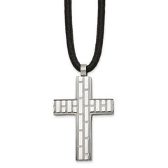 Chisel Stainless Steel Brushed and Polished Brick Design Cross on a Pendant 19.5 inch Black Rubber Cord Necklace
