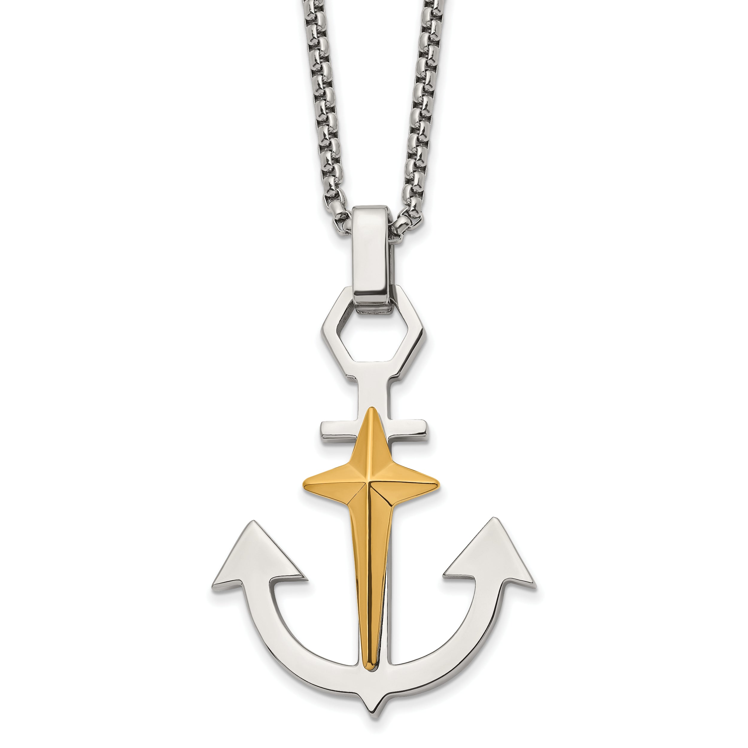 Chisel Stainless Steel Polished Anchor with Yellow IP-plated Cross Pendant on a 24 inch Box Chain with 2.75 inch extension Necklace