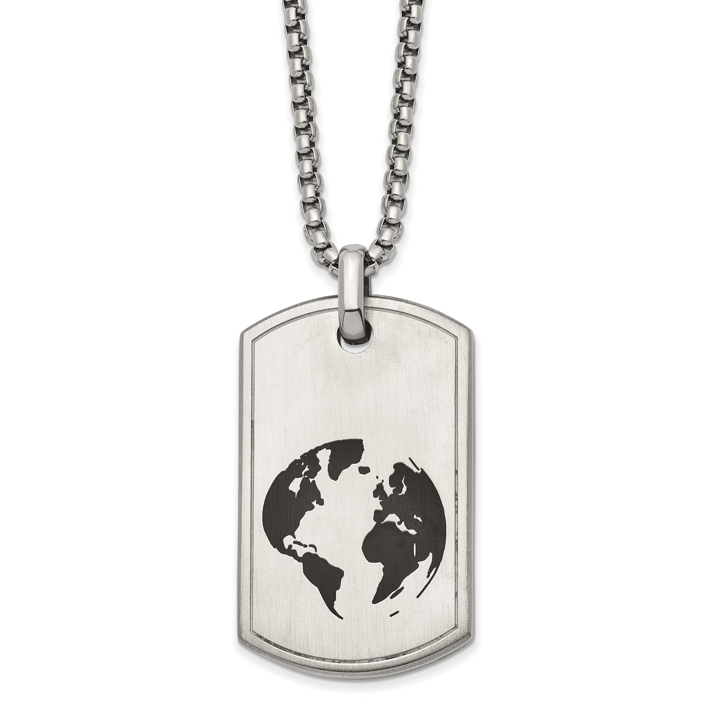 Chisel Stainless Steel Brushed Black Enamel Earth Dog Tag on a 24 inch Box Chain with 2.75in extension Necklace