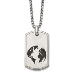 Chisel Stainless Steel Brushed Black Enamel Earth Dog Tag on a 24 inch Box Chain with 2.75in extension Necklace