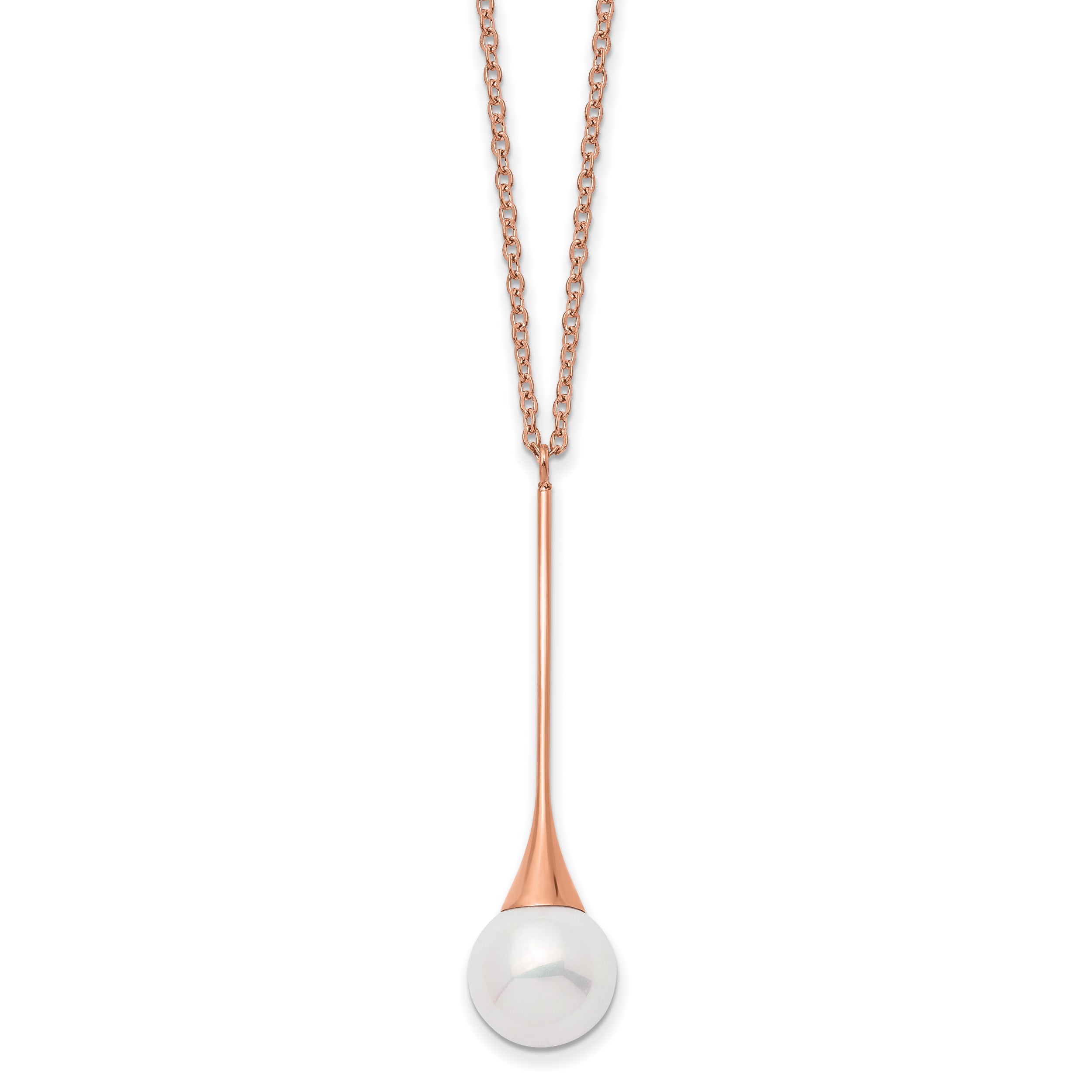 Chisel Stainless Steel Polished Rose IP-plated Imitation Pearl Pendant on a 15.75 inch with a 1 inch Extension Necklace