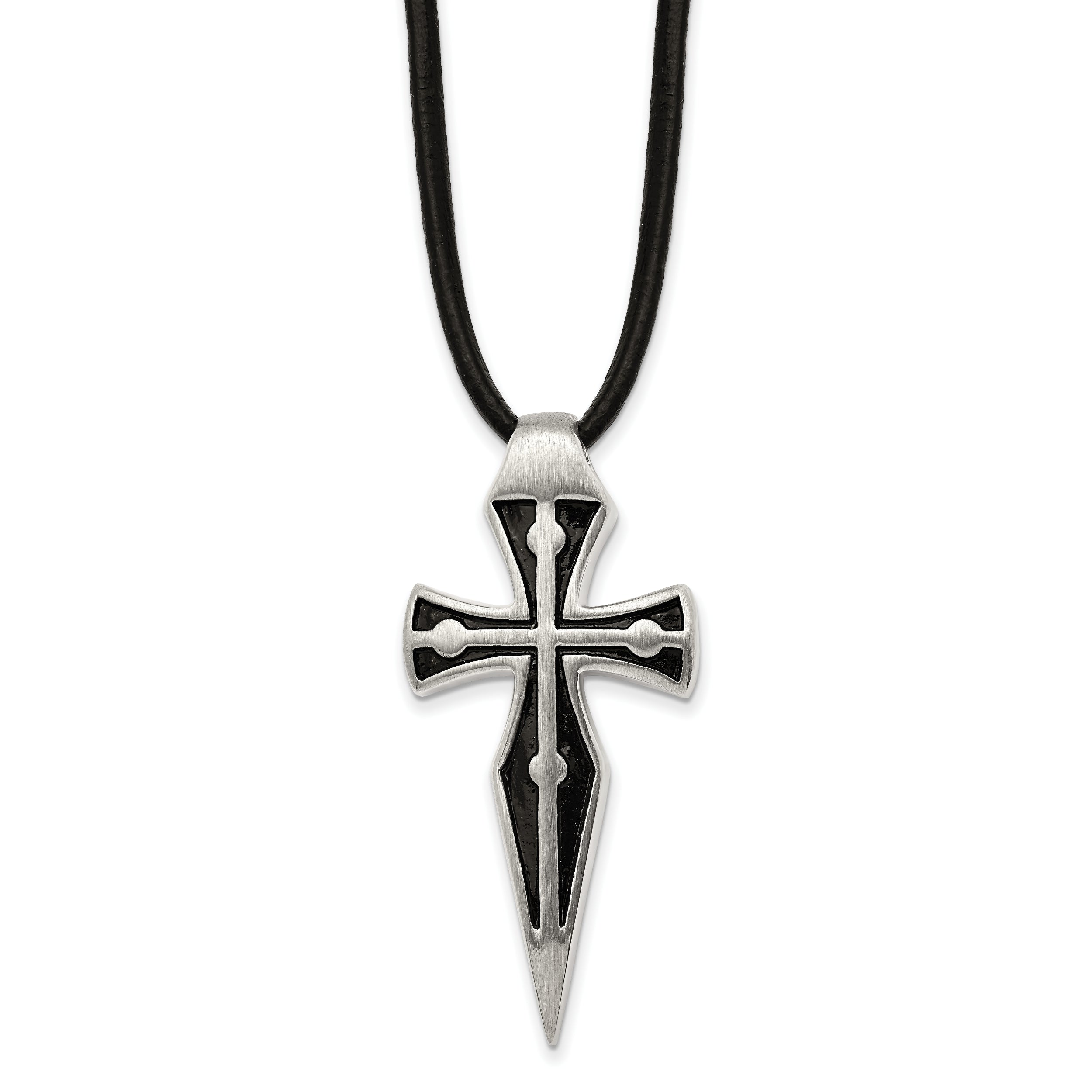 Chisel Stainless Steel Antiqued Brushed and Polished Cross Pendant on an 18 inch Leather Cord Plus a 2 inch Extension Necklace