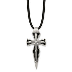 Chisel Stainless Steel Antiqued Brushed and Polished Cross Pendant on an 18 inch Leather Cord Plus a 2 inch Extension Necklace