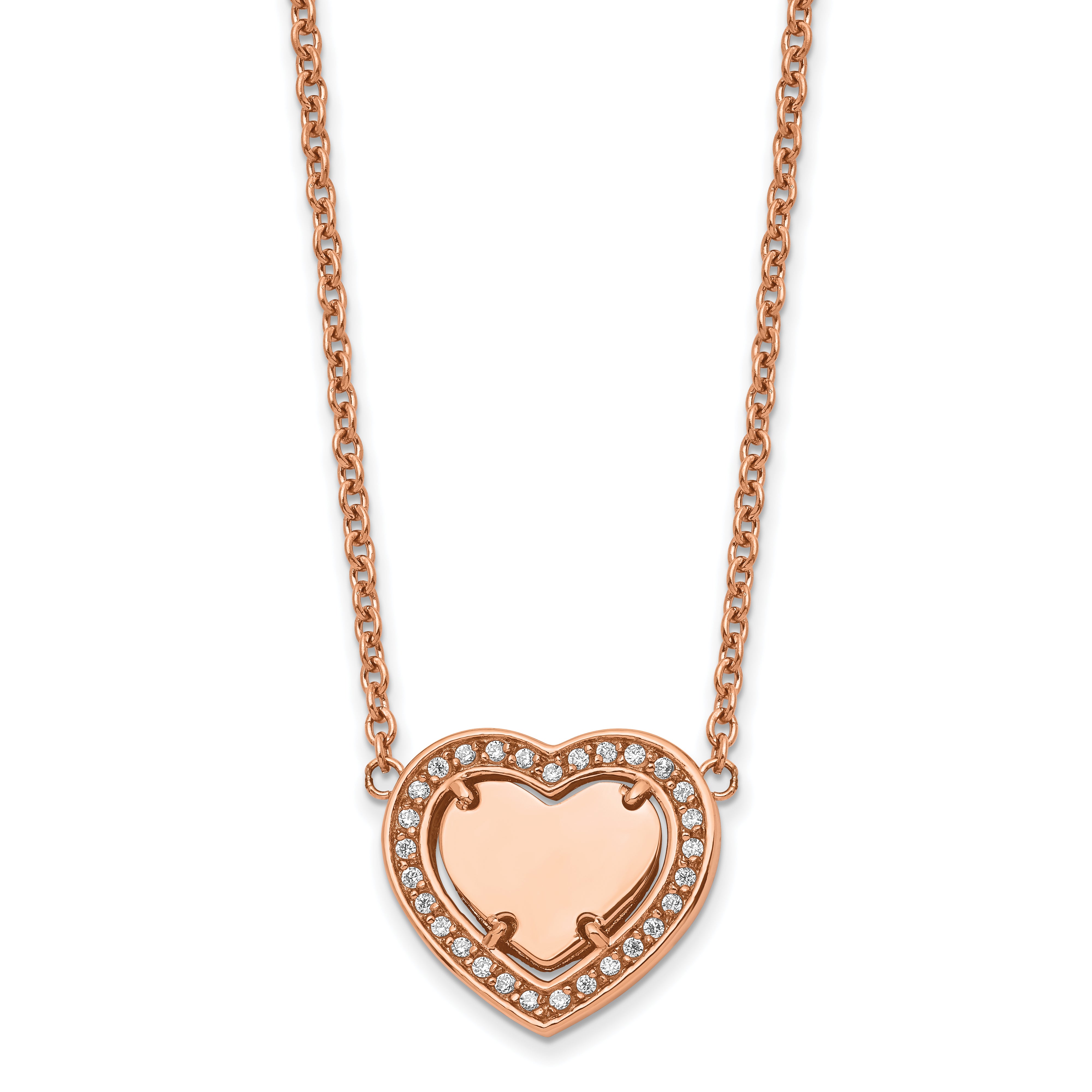 Chisel Stainless Steel Polished Rose IP-plated CZ Heart on a 19 inch Cable Chain with 2 inch Extension Necklace